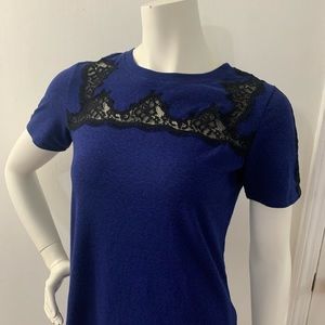 Rebecca Taylor Sapphire Blue Black Lace Overlay Short Sleeve Crew Neck Top EUC